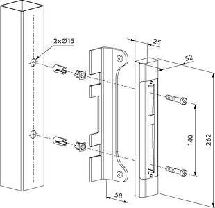 Et eksploderet teknisk diagram af Locinox overflademonterede slutplade i rustfrit stål til indstikslåse viser en lodret dørkant med et forsænket panel og to skruer. Håndtaget er monteret med ekstra hardware, inklusive dimensioner og borehulsdetaljer.