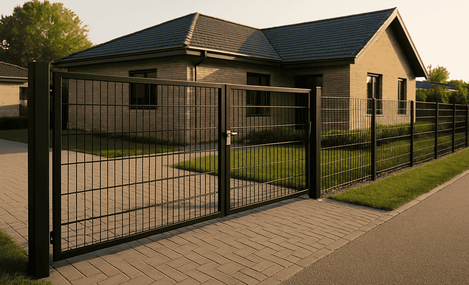 Et moderne hus med gråt tegltag ses bag et sort metalnet hegn og låger. Den har en velholdt græsplæne og en asfalteret indkørsel, der fører til indgangen, alt sammen badet i blødt sollys.