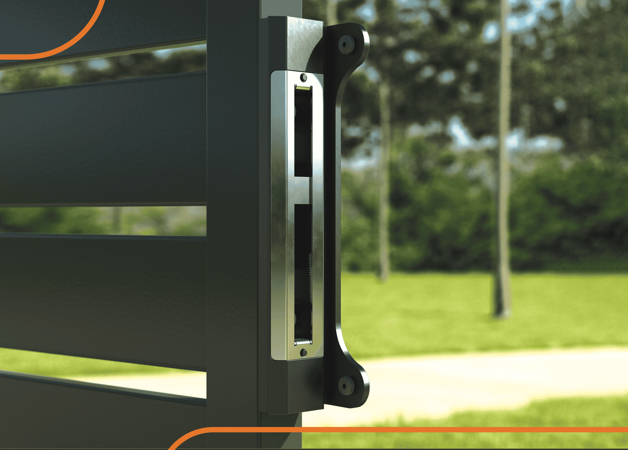 Nærbillede af en Locinox overflademonteret slutblik i rustfrit stål mod en sløret baggrund af grønt græs, træer og en sti. Den slanke, metalliske lås har en lodret rektangulær spalte for vedvarende styrke.