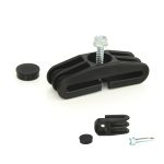 Panelbeslag UNI Sort plast er et sort plastik monteringsbeslag med en central bolt, metalskrue, takket design for sikker fastgørelse og inkluderer en lille rund hætte.