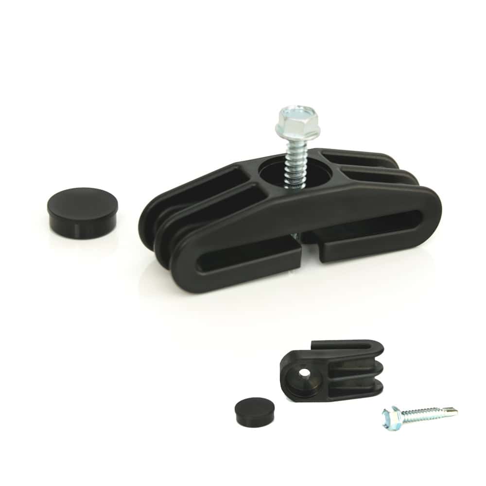 Panelbeslag UNI Sort plast er et sort plastik monteringsbeslag med en central bolt, metalskrue, takket design for sikker fastgørelse og inkluderer en lille rund hætte.