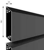 En 3D-gengivelse af Vidual Pure – Jalousihegn i aluminium med rhombeprofil, med et mørkt aflangt trekantet prisme (100 enheder høj, 20 enheder topbredde, 60° vinkler) med et ligesidet trekantet tværsnit typisk for dette design.