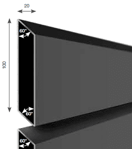 En 3D-gengivelse af Vidual Pure – Jalousihegn i aluminium med rhombeprofil, med et mørkt aflangt trekantet prisme (100 enheder høj, 20 enheder topbredde, 60° vinkler) med et ligesidet trekantet tværsnit typisk for dette design.