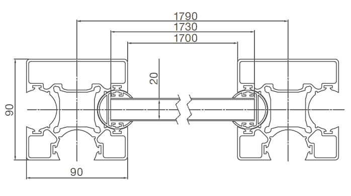 Teknisk tegning af Vidual Pure – Jalousihegn i aluminium med rhombeprofil: to 90x90 mm firkantede profiler forbundet med en 20 mm stang. Afstande mellem profiler: 1700 mm, 1730 mm og 1790 mm - perfekt til jalousihegn brug.