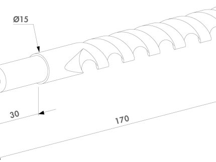Stregtegning af Ø15 mm HSS bor med 13 mm skaft – til montage af anslag & skydrigel; vist med buet top, længde 170 mm, segment 30 mm, skaftdiameter 13 mm og hoveddiameter 15 mm.