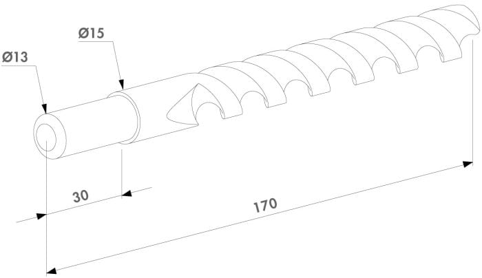 Stregtegning af Ø15 mm HSS bor med 13 mm skaft – til montage af anslag & skydrigel; vist med buet top, længde 170 mm, segment 30 mm, skaftdiameter 13 mm og hoveddiameter 15 mm.