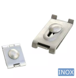 Hjørnebeslag til 6-8mm panelhegn i rustfrit stål vises på hvid baggrund: to klips, en større med forhøjet midterknap og en mindre. "INOX" nederst til højre fremhæver materialets rustfri kvalitet.