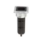 Locinox Skyderigel-holderen til nedgravning er en sort møbelbenindsats i plastik og metal med en firkantet metaltop og en ribbet cylindrisk krop, der er designet til at passe ind i enden af et rørformet møbelben.