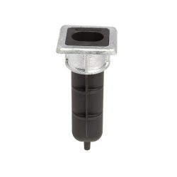 Locinox Skyderigel-holderen til nedgravning er en sort møbelbenindsats i plastik og metal med en firkantet metaltop og en ribbet cylindrisk krop, der er designet til at passe ind i enden af et rørformet møbelben.