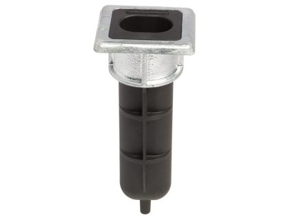 Locinox Skyderigel-holderen til nedgravning er en sort møbelbenindsats i plastik og metal med en firkantet metaltop og en ribbet cylindrisk krop, der er designet til at passe ind i enden af et rørformet møbelben.