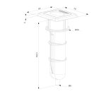 Teknisk stregtegning af Locinox Skyderigel-holderen til nedgravning, med en 70x65 mm topplade, 54 mm husdiameter, 8 mm bunddiameter og 166,5 mm højde - designet til nedgravningsapplikationer.