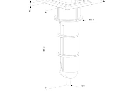 Teknisk stregtegning af Locinox Skyderigel-holderen til nedgravning, med en 70x65 mm topplade, 54 mm husdiameter, 8 mm bunddiameter og 166,5 mm højde - designet til nedgravningsapplikationer.