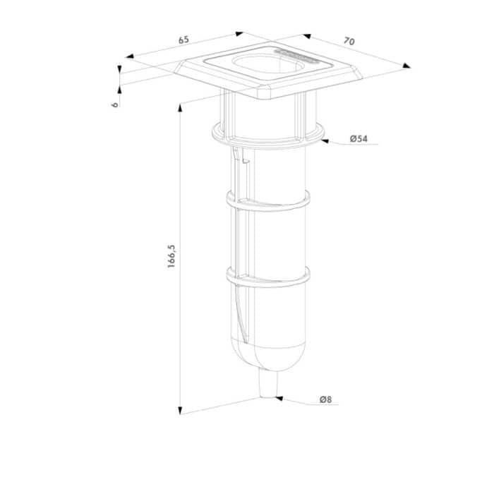 Teknisk stregtegning af Locinox Skyderigel-holderen til nedgravning, med en 70x65 mm topplade, 54 mm husdiameter, 8 mm bunddiameter og 166,5 mm højde - designet til nedgravningsapplikationer.