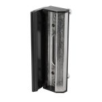 Et nærbillede af Locinox Anslag Overflademonteret i rustfrit stål til indstikslåse, der viser designet i metal og sort plast med detaljer i rustfrit stål, som står oprejst på en hvid baggrund.