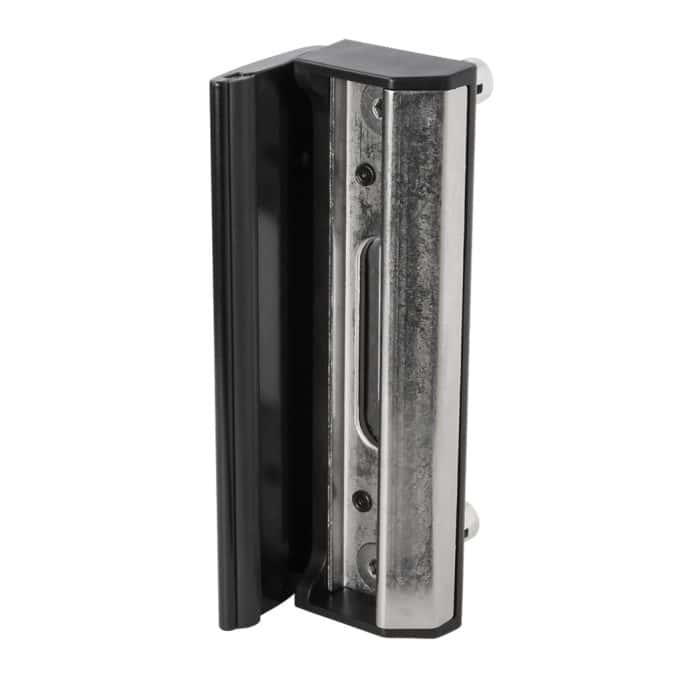 Et nærbillede af Locinox Anslag Overflademonteret i rustfrit stål til indstikslåse, der viser designet i metal og sort plast med detaljer i rustfrit stål, som står oprejst på en hvid baggrund.