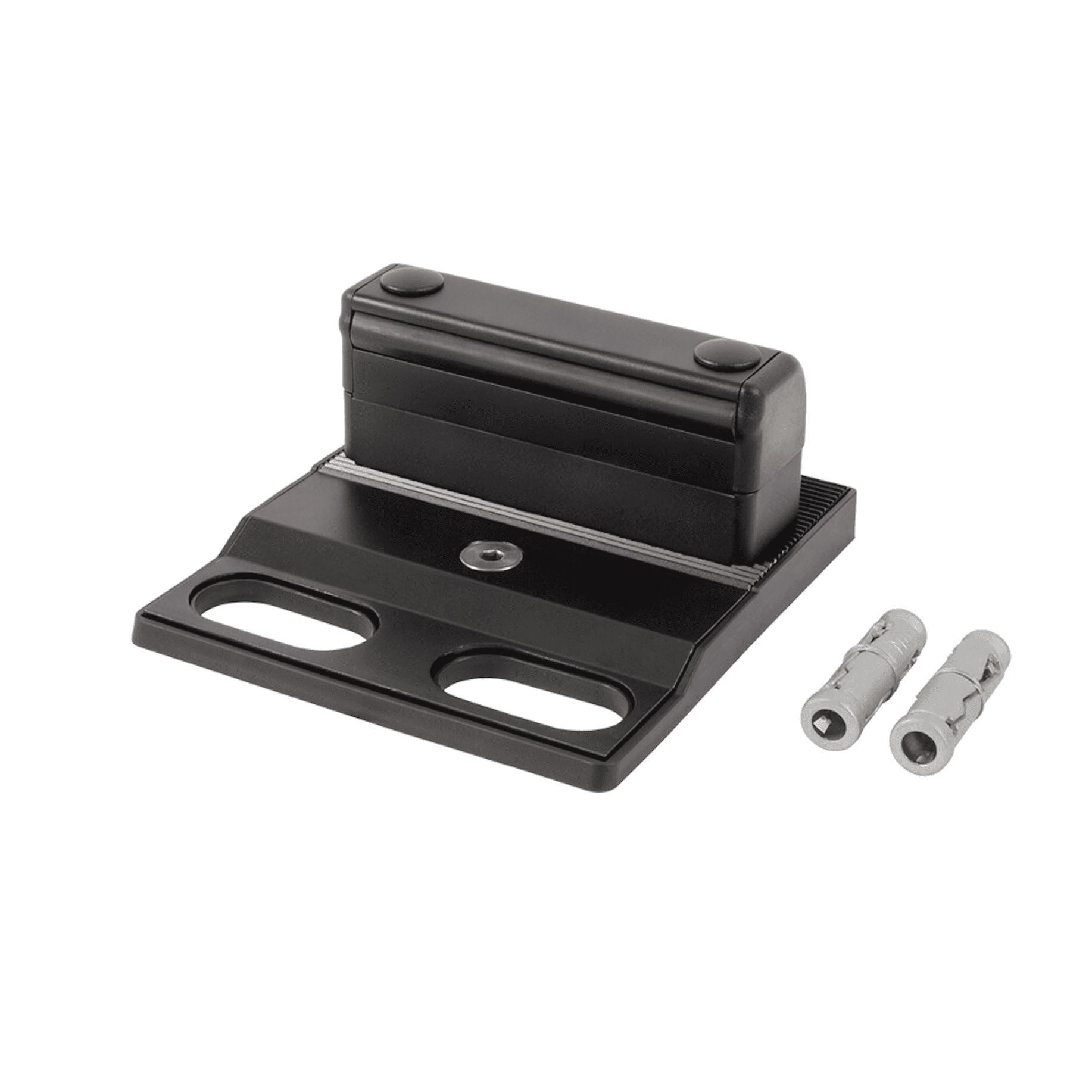 En Locinox bundstop til dobbeltlåger – justerbart og overflademonteret (RAL 9005) med en rektangulær top og monteringsbase, vist sammen med to grå vægdyvler på en hvid baggrund.