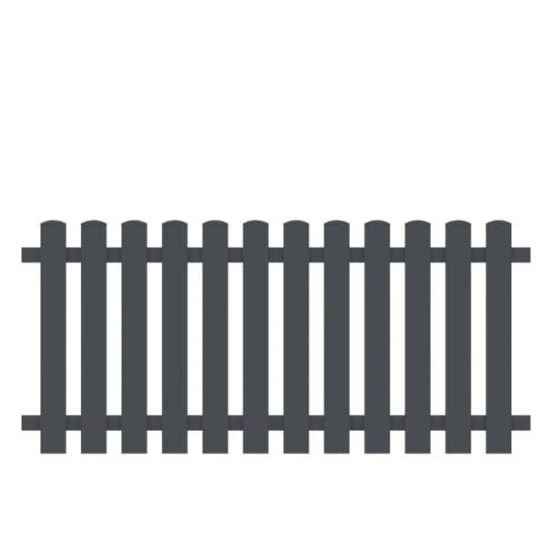 Enkel illustration af Classic Line - Aluminium Stakithegn med Lodrette Profiler i mørkegrå, med stakitdesign med lodrette lameller og to vandrette skinner, vist på en hvid baggrund.