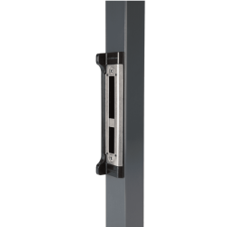 Et nærbillede af Locinox Indbygget slutblik i rustfrit stål til Fortylock® – kræver udskæring (Designserie), monteret på en mørk dørkarm, vist mod en hvid baggrund.
