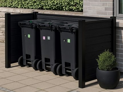 Tre sorte skraldespande står opstillet i en Komposit Skraldespandsskjuler – med sorte pulverlakerede stolper & skinner uden for en murstensbygning. En lille pottebusk står i nærheden med en grøn hæk i baggrunden.