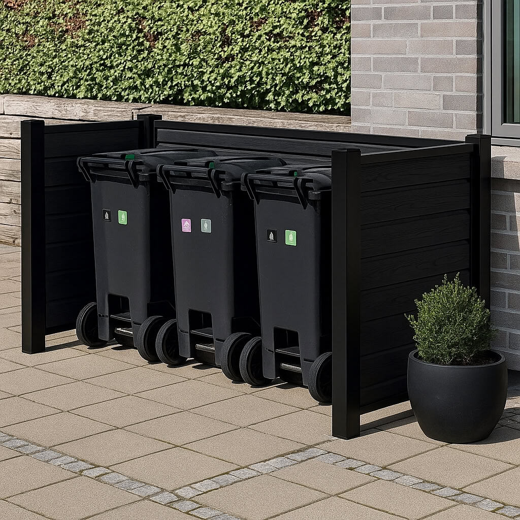 Tre sorte skraldespande står opstillet i en Komposit Skraldespandsskjuler – med sorte pulverlakerede stolper & skinner uden for en murstensbygning. En lille pottebusk står i nærheden med en grøn hæk i baggrunden.