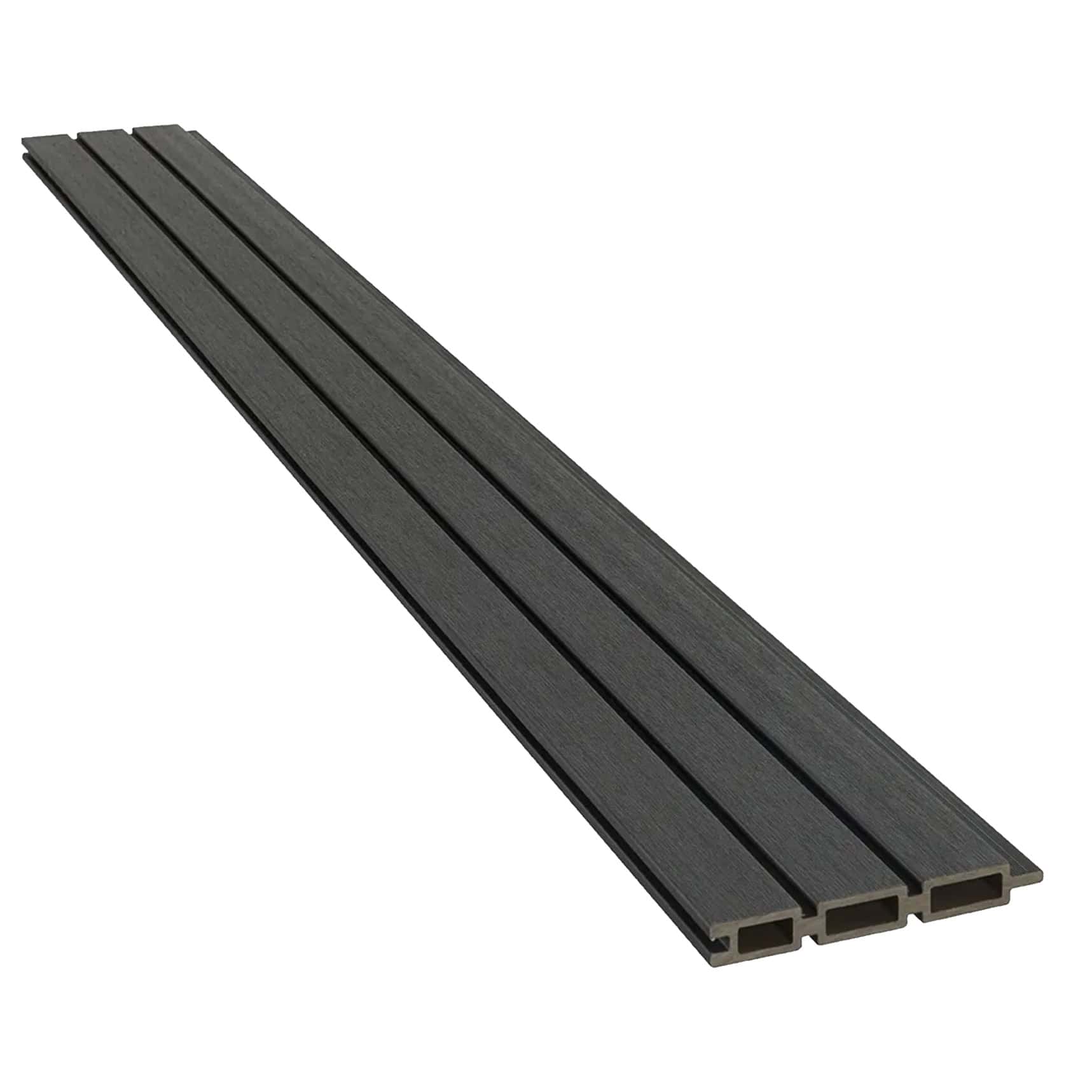 sort komposit listeprofil med træstruktur 25 mm terrassebrædder med hule centre og rillede overflader, der ligger side om side på en hvid baggrund.