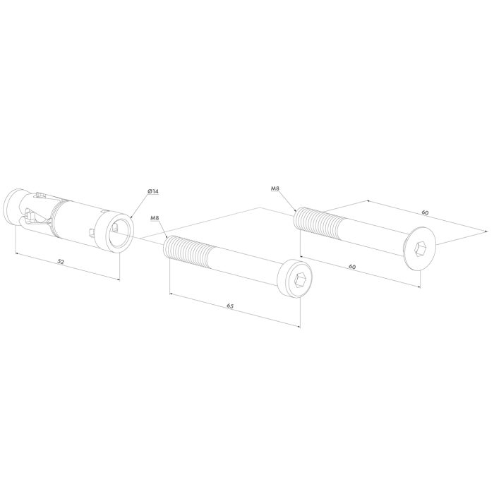 Eksploderet teknisk diagram over Vægmonteringssæt til slutblik - Locinox, der fremhæver tre cylindriske hoveddele (52 mm, 45 mm, 60 mm lang, Ø14 mm), M8-skruer og vigtige monteringsdele med alle mål tydeligt markeret.