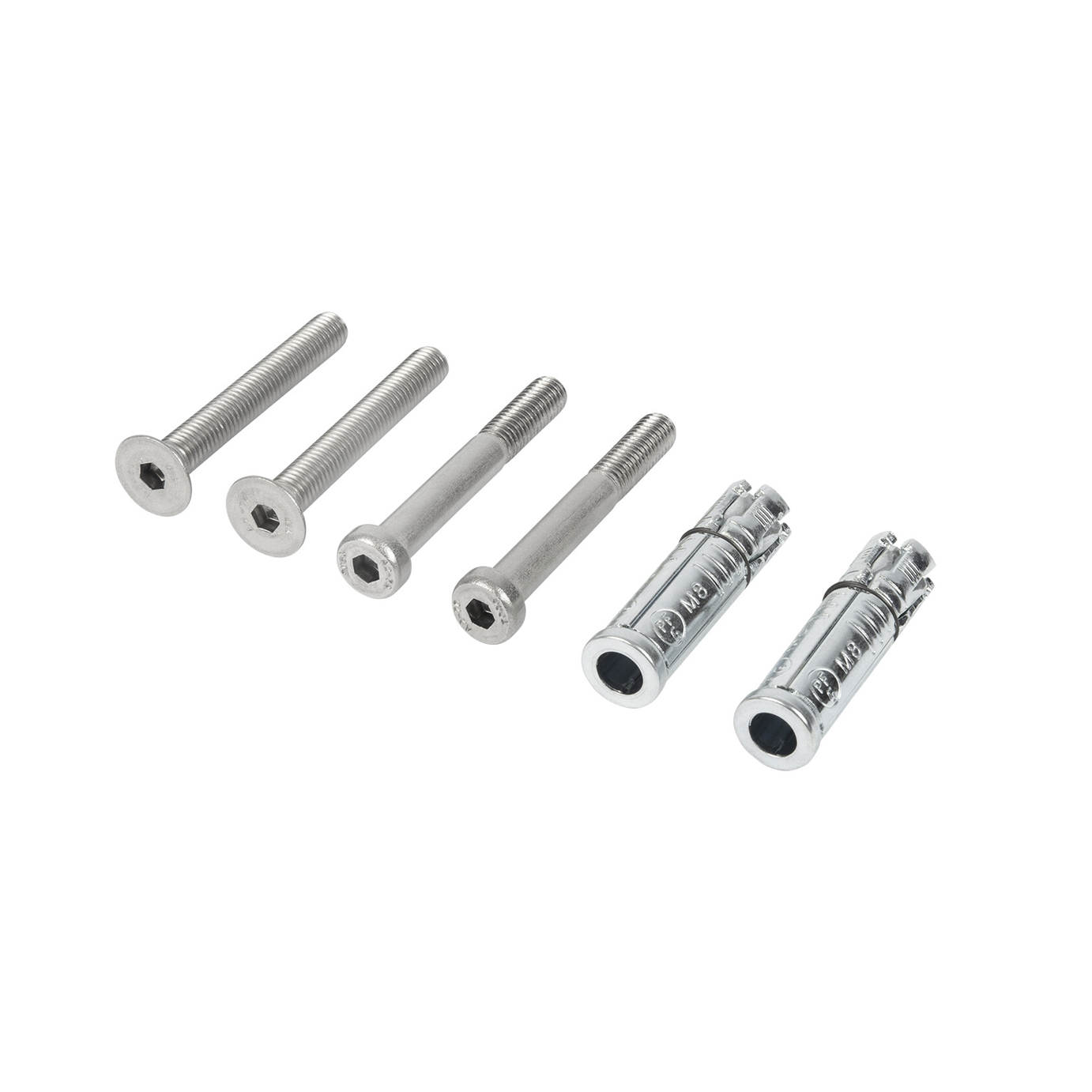 Fire metalbolte og to vægankre fra Vægmonteringssæt til slutblik - Locinox er anbragt i to rækker på en hvid baggrund. Boltene har sekskantede sokler, og de cylindriske ankre har ekspanderende muffer.