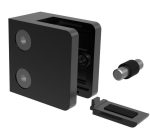 Glasholder firkantet model 23P - sort RAL 9005, vist med to skruer og en lille cylindrisk stift, vises på en hvid baggrund.