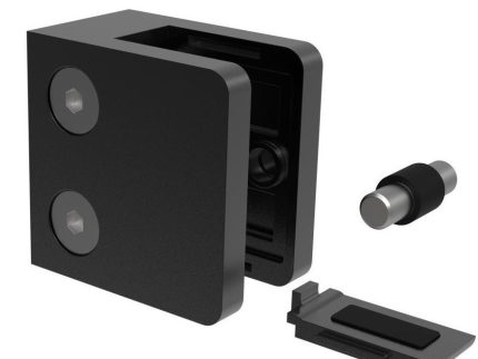 Glasholder firkantet model 23P - sort RAL 9005, vist med to skruer og en lille cylindrisk stift, vises på en hvid baggrund.