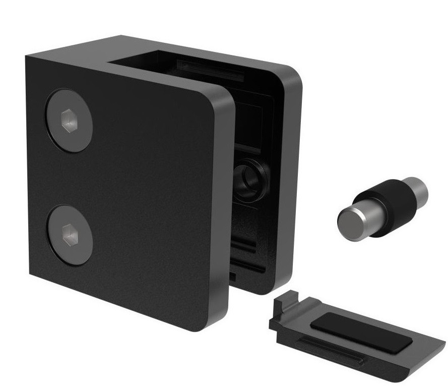 Glasholder firkantet model 23P - sort RAL 9005, vist med to skruer og en lille cylindrisk stift, vises på en hvid baggrund.