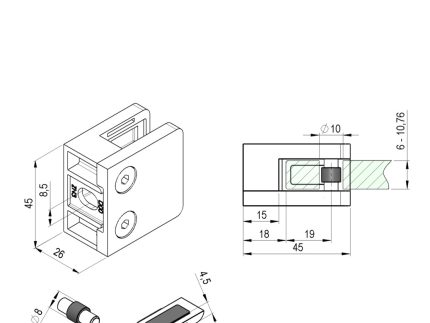 Teknisk tegning af Glasholder firkantet model 23P - sort RAL 9005, viser detaljerede mål (mm), isometrisk visning, side-/topprojektioner og eksploderet visning af den cylindriske indsatsdel.