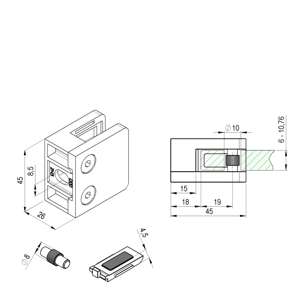 Teknisk tegning af Glasholder firkantet model 23P - sort RAL 9005, viser detaljerede mål (mm), isometrisk visning, side-/topprojektioner og eksploderet visning af den cylindriske indsatsdel.