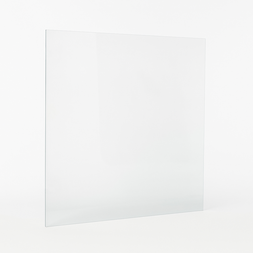 Et 6 mm klart hærdet glas til havehegn står oprejst mod en hvid baggrund. Glasset er gennemsigtigt, rent og reflekterer let ved bunden - perfekt som moderne havehegn.