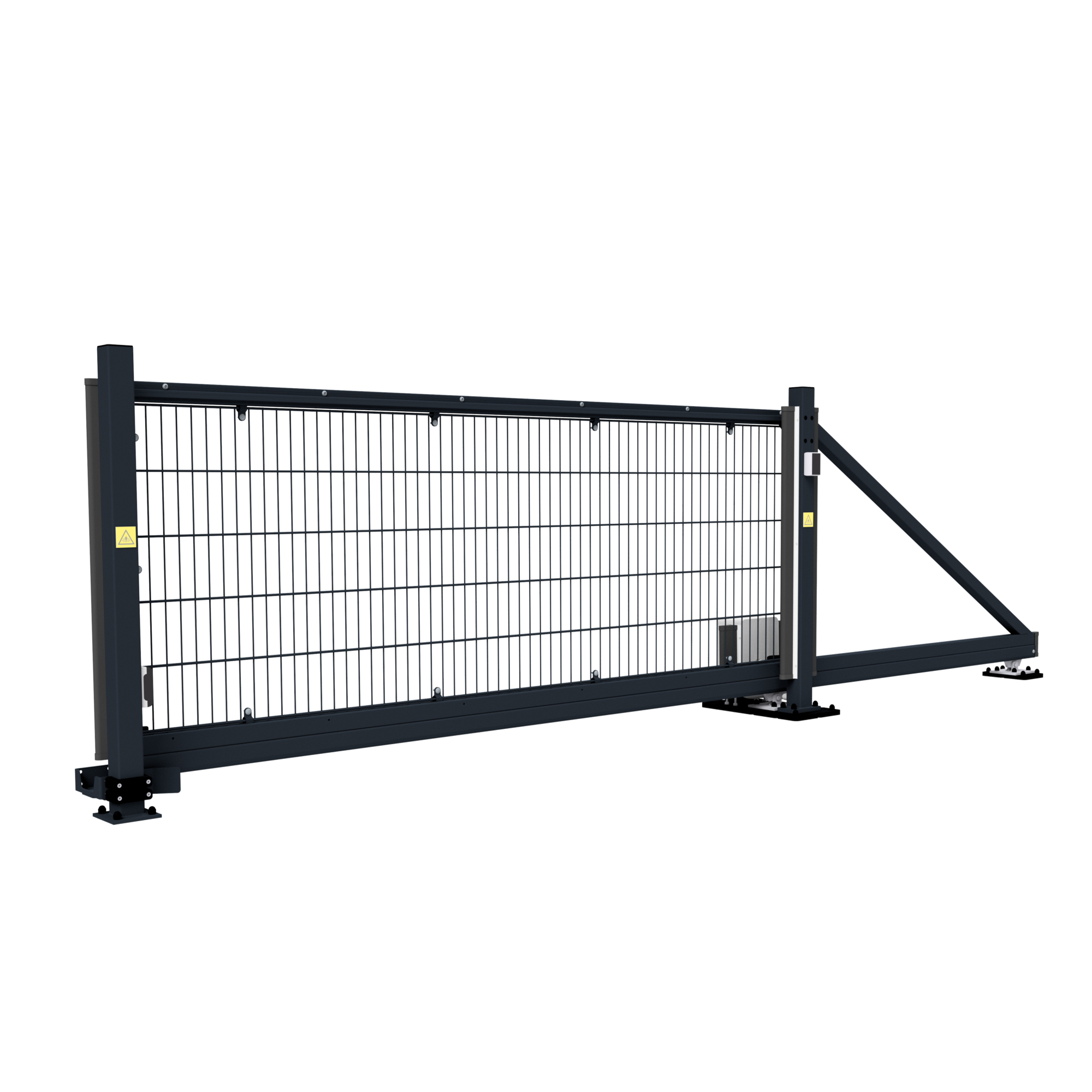 HF Premium Skydeport - Frithængende med motor RAL 9005 Sort, vist på en hvid baggrund, har en robust sort metalramme, trådnetpanel, bærende stolper og en trekantet bøjle på den ene side.