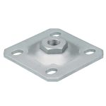 Vægplade til hængsler - varmgalvaniseret (M16 & M20) er en firkantet, varmgalvaniseret monteringsplade med et centralt gevindhul og fire afrundede hjørnehuller til skruer eller bolte, ideel til fastgørelse af strukturelle komponenter.