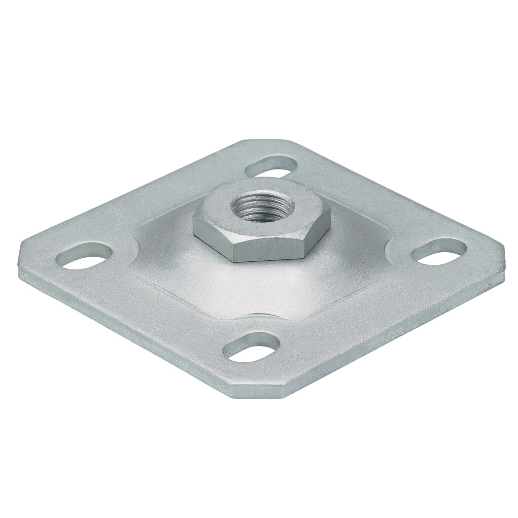 Vægplade til hængsler - varmgalvaniseret (M16 & M20) er en firkantet, varmgalvaniseret monteringsplade med et centralt gevindhul og fire afrundede hjørnehuller til skruer eller bolte, ideel til fastgørelse af strukturelle komponenter.