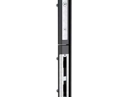 En sort og sølv Locinox-dørlåsemekanisme af metal i rustfrit stål med monteringshuller, vist i lodret retning mod en hvid baggrund.