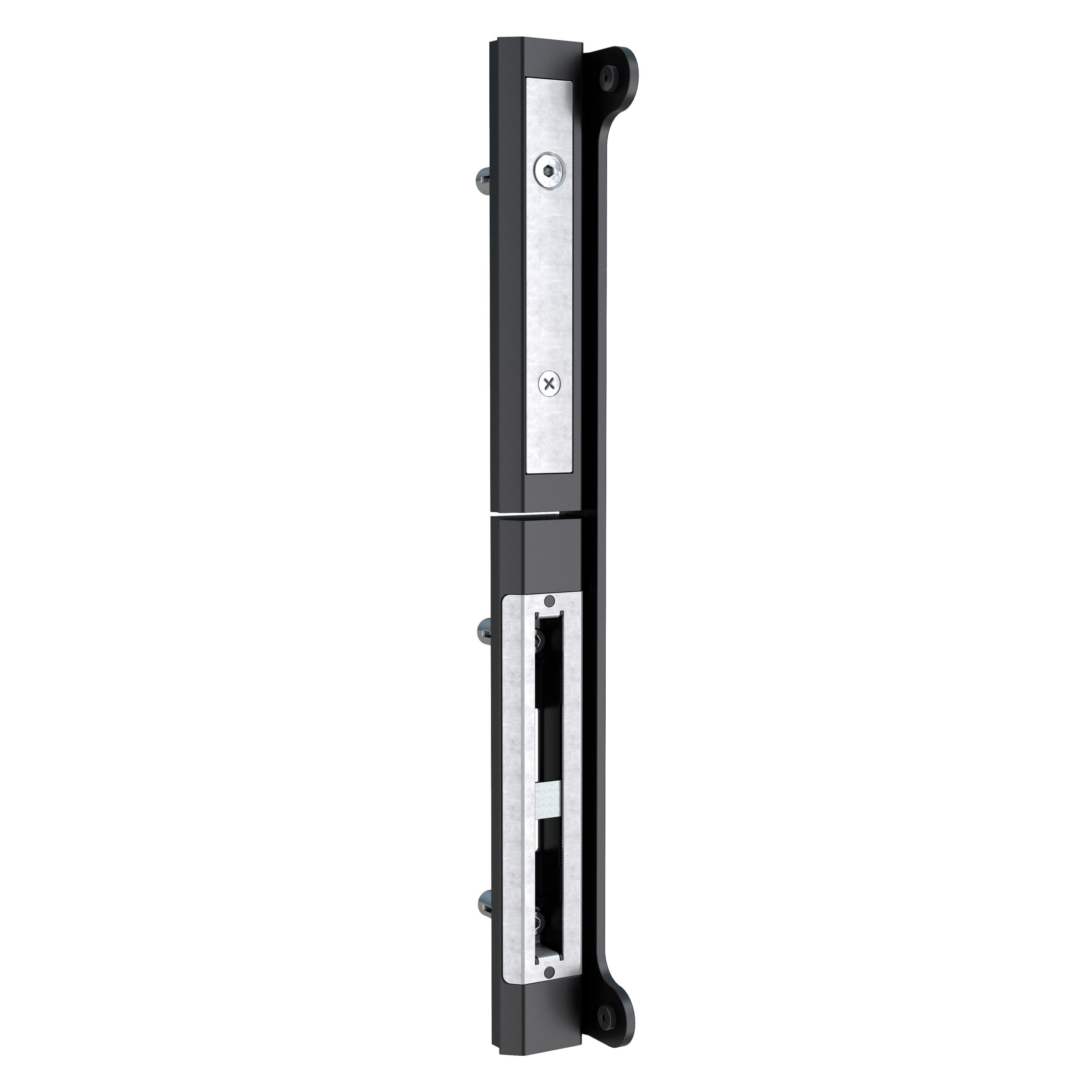 En sort og sølv Locinox-dørlåsemekanisme af metal i rustfrit stål med monteringshuller, vist i lodret retning mod en hvid baggrund.