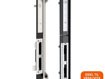 To opretstående Locinox overflademonteret slutblik/anslag i rustfrit stål til indstikslåse med kodelås er vist på en hvid baggrund. På en orange dansk etiket står der "Ideel til Vera/Vita kodelåse". Locinox-logoet vises øverst til venstre.