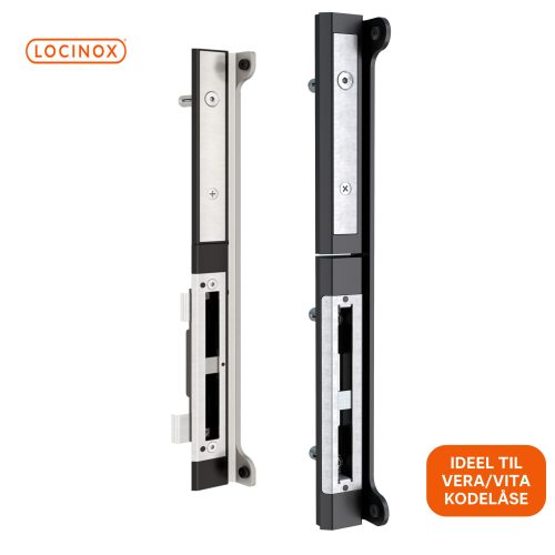 To opretstående Locinox overflademonteret slutblik/anslag i rustfrit stål til indstikslåse med kodelås er vist på en hvid baggrund. På en orange dansk etiket står der "Ideel til Vera/Vita kodelåse". Locinox-logoet vises øverst til venstre.