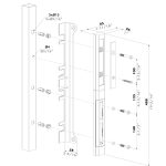 Eksploderet teknisk diagram af Locinox overflademonteret slutblik/anslag i rustfrit stål for indstikslåse med kodelås, der viser mærkede delnumre, skruer og mål i mm/tommer.