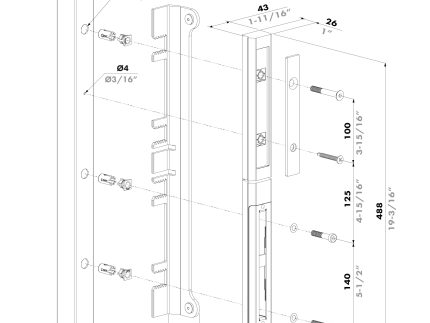 Eksploderet teknisk diagram af Locinox overflademonteret slutblik/anslag i rustfrit stål for indstikslåse med kodelås, der viser mærkede delnumre, skruer og mål i mm/tommer.