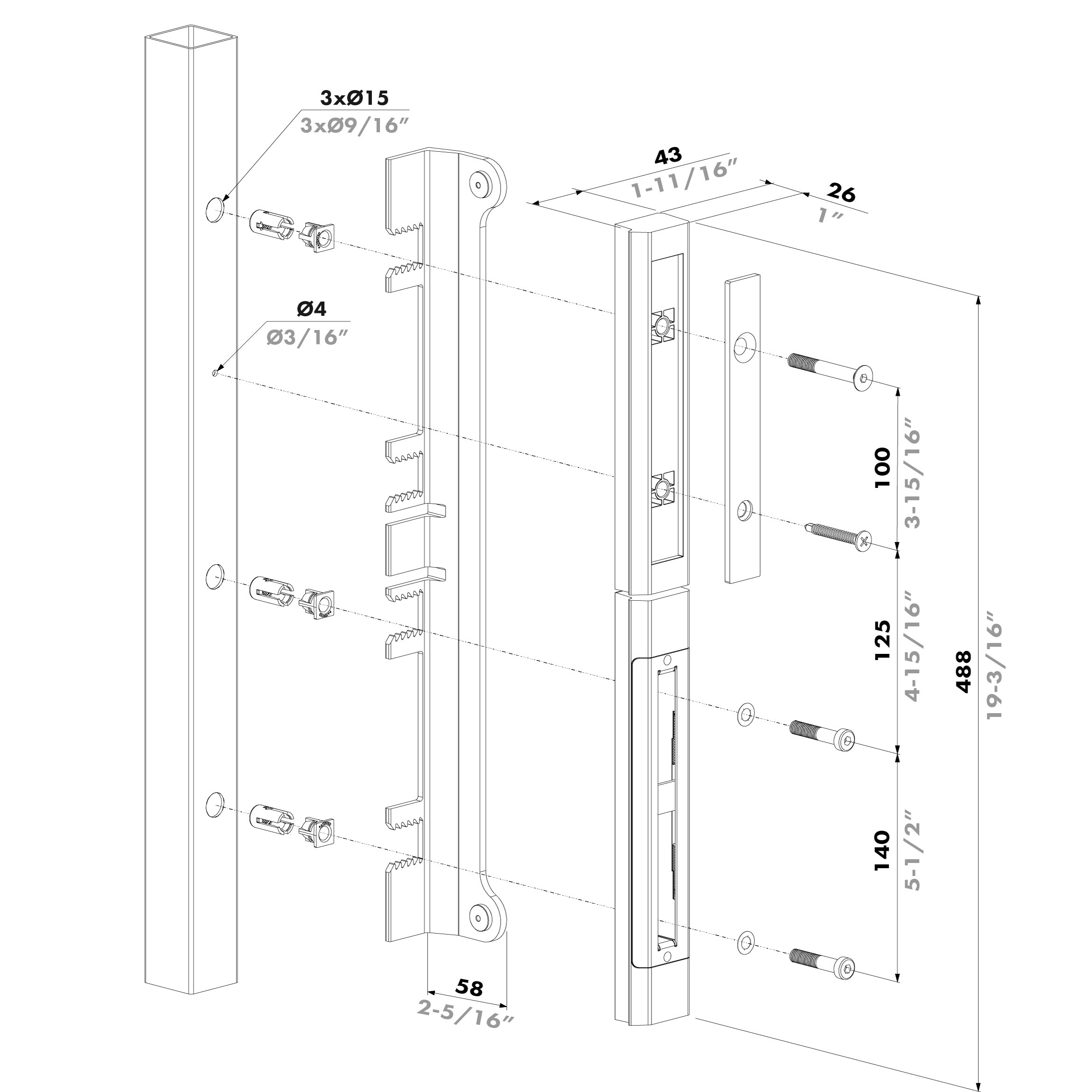 Eksploderet teknisk diagram af Locinox overflademonteret slutblik/anslag i rustfrit stål for indstikslåse med kodelås, der viser mærkede delnumre, skruer og mål i mm/tommer.