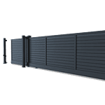 Vidual Slide - Skydelåge i Aluminium er en moderne, mørkegrå skydelåge i aluminium med vandrette lameller og en matchende støttestolpe, der vises på en almindelig hvid baggrund.