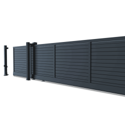 Vidual Slide - Skydelåge i Aluminium er en moderne, mørkegrå skydelåge i aluminium med vandrette lameller og en matchende støttestolpe, der vises på en almindelig hvid baggrund.