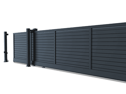 Vidual Slide - Skydelåge i Aluminium er en moderne, mørkegrå skydelåge i aluminium med vandrette lameller og en matchende støttestolpe, der vises på en almindelig hvid baggrund.