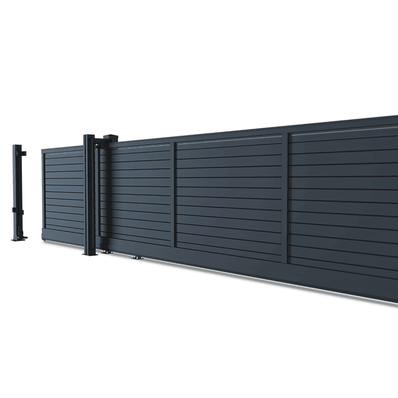 Vidual Slide - Skydelåge i Aluminium er en moderne, mørkegrå skydelåge i aluminium med vandrette lameller og en matchende støttestolpe, der vises på en almindelig hvid baggrund.