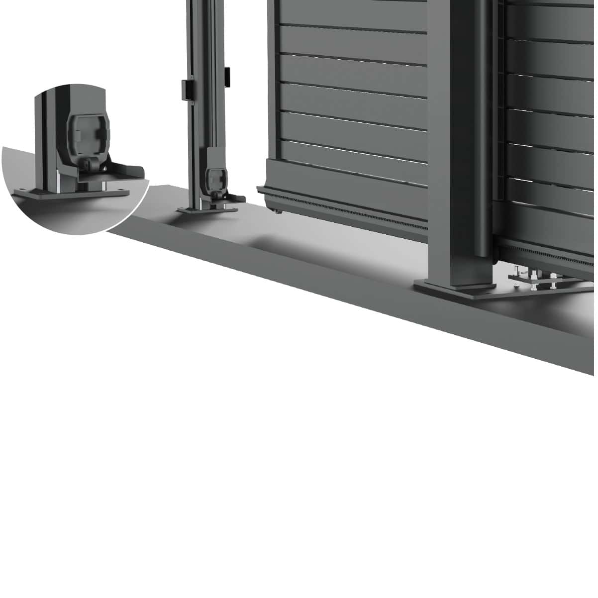 Nærbillede af Vidual Slide - Skydeport i Aluminium på skinnen, med et indsnit, der fremhæver en detalje, muligvis endestoppet eller låsemekanismen, der er monteret på skinnens kant.