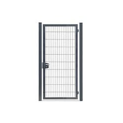 En 2D Panellåge metalgitterlåge med en rektangulær, galvaniseret ramme og lodrette stolper på hver side, med en falle og lås til venstre. Porten er vist stående alene på en hvid baggrund.