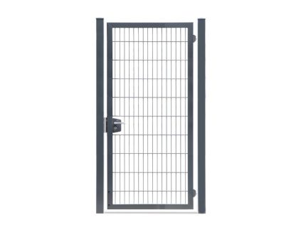 En 2D Panellåge metalgitterlåge med en rektangulær, galvaniseret ramme og lodrette stolper på hver side, med en falle og lås til venstre. Porten er vist stående alene på en hvid baggrund.
